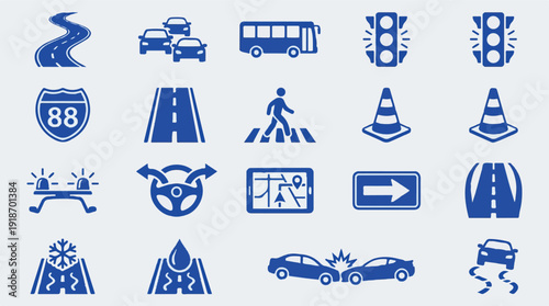 Road, Traffic, and Driving Condition Vector Icons Set