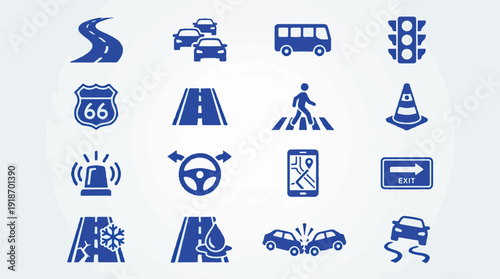 Road Safety and Transportation Icons: Driving Conditions and Navigation