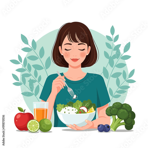 A happy woman with short brown hair enjoying a fresh healthy salad, surrounded by fruits and vegetables, promoting a healthy lifestyle.