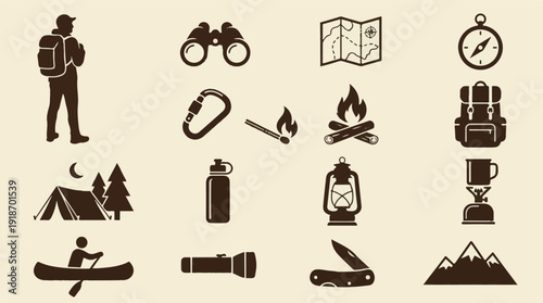 Set of Outdoor Adventure, Camping, and Hiking Equipment Vector Icons