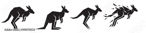 Sequence of a kangaroo in motion, from standing to leaping and breaking apart, illustrating movement and transformation.