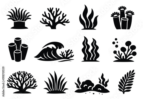 Graphic underwater elements set featuring sea plants, corals, and a wave for marine life designs
