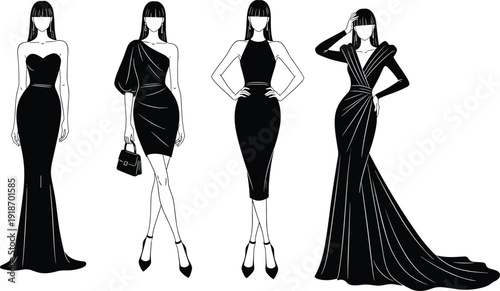 Elegant women fashion illustration silhouettes, modern runway dress collection, luxury evening wear design concept, black and white vector isolated on white background