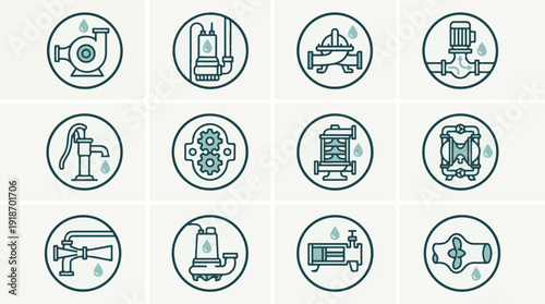 Industrial Pump Types Icon Set - Water, Fluid, and Mechanical Systems