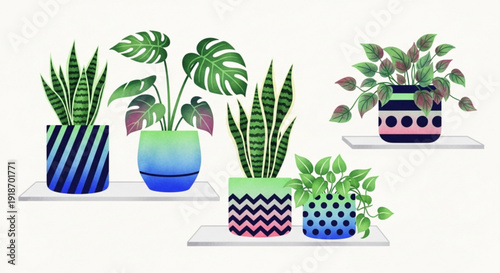 Colorful potted plants on white shelves indoor gardening houseplants decorative pots green leaves home decor tropical foliage planters botanical illustration indoor plants leafy