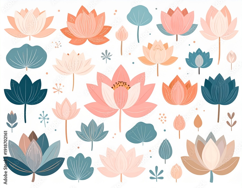 Obraz premium Collection of colorful lotus flowers and leaves in various shades.