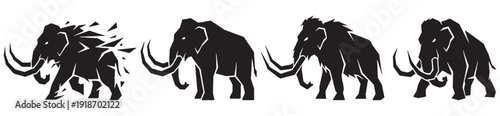 Four black silhouettes of mammoths in a row, showing progression or different stages of movement.