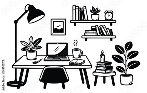 Hand drawn line art illustration of a home office depicting a desk, shelves, and plants for remote work or a study environment