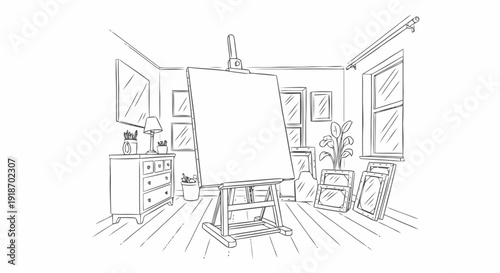 Artist Studio with Canvas on Easel.