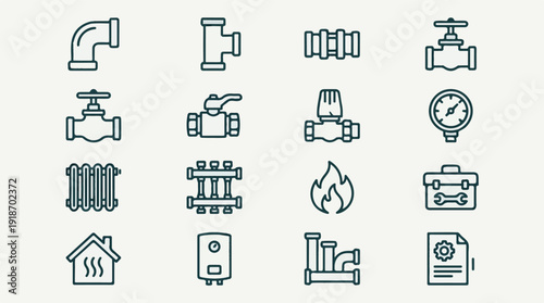 Plumbing and Heating System Line Icons Set for HVAC and Home Services