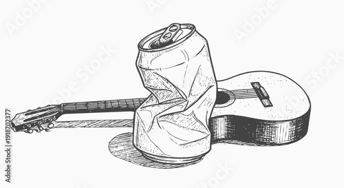 Crushed Can and Acoustic Guitar Illustration.
