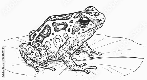 Detailed black and white frog illustration.