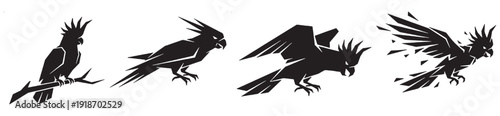 Set of four black silhouette illustrations of cockatoos in various poses, from perched to in flight.