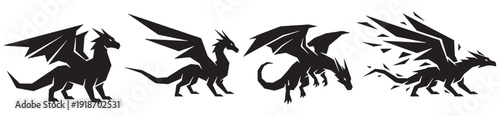 Four black silhouette dragons in different poses, one appearing to disintegrate into fragments.