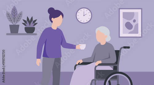 Caregiver assists senior woman in wheelchair with a drink, home care service