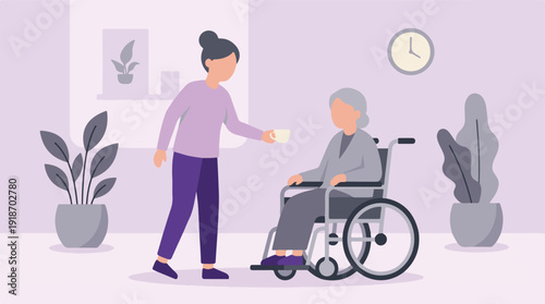 Illustration of caregiver assisting senior woman in wheelchair with a drink