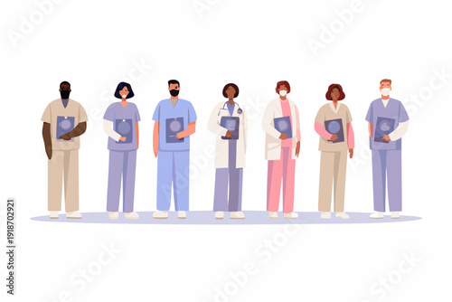 Diverse group of healthcare professionals standing in a row wearing scrubs