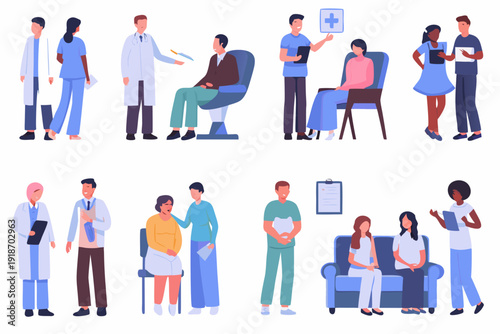 Diverse group of people in a medical clinic waiting and consulting