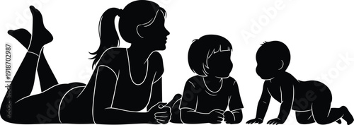 Mother playing with children silhouette illustration showing family bonding, parenting care, childhood development concept, happy mom and kids vector artwork