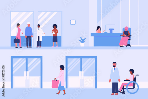 People interacting in a modern hospital waiting room and hallway scene