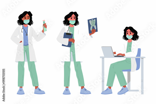 Three female doctors in various poses wearing lab coats and masks