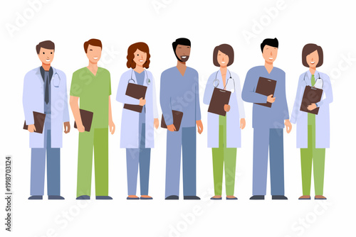 Diverse group of healthcare professionals standing in a row smiling