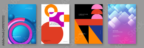 A set of four creative posters featuring abstract geometric shapes, vibrant color gradients and minimalist layouts for professional business branding or event promotion