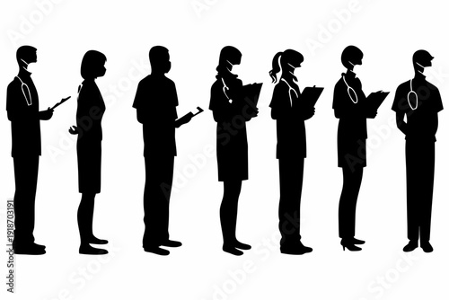 Silhouettes of medical professionals standing in a row facing right