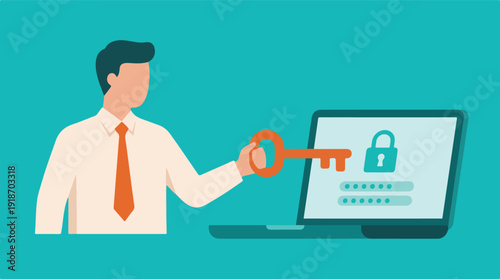 Digital security concept with man holding key and laptop login