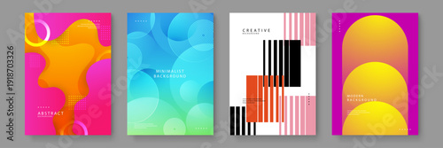 A versatile set of four vibrant posters featuring liquid fluid shapes, organic circles, and bold stripes for modern branding and social media