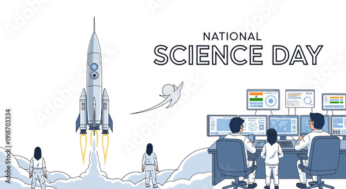 Illustration of scientists working in a lab on National Science Day with a rocket launch