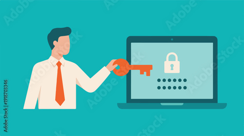 Digital security and online access concept with man unlocking laptop