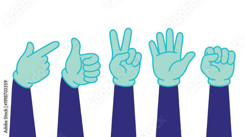 Collection of diverse hand gestures and signs on a clean white background