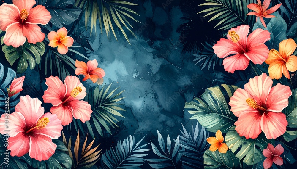 Naklejka premium Vibrant Hibiscus Flowers and Tropical Foliage Backdrop
