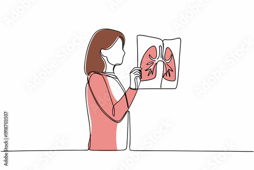 Woman examining an x ray of lungs with a single line drawing style