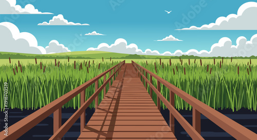 Serene Wooden Boardwalk Meandering Through Lush Grass Field Under Blueprint Sky Clouds Vector Illustration