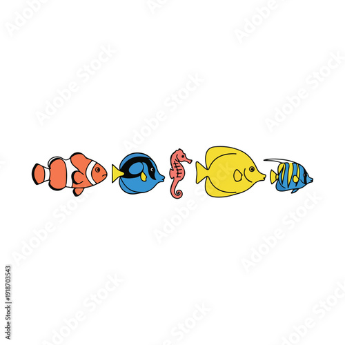 Colorful vector fish set isolated on white background, flat design cartoon sea creatures illustration