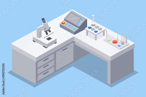 Isometric view of a modern laboratory workstation with scientific equipment