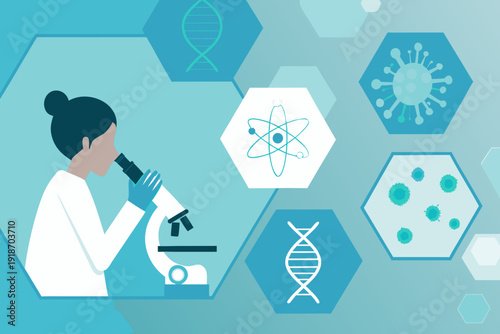 Scientist examining a sample under a microscope with biological imagery