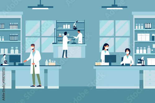 Scientists working in a modern well equipped laboratory setting