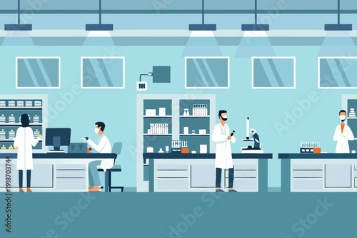 Scientists working in a modern laboratory setting with various equipment