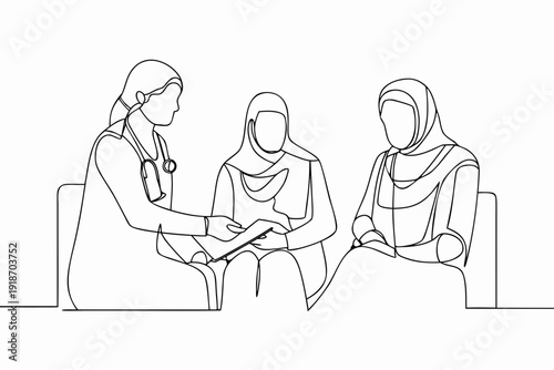 Line drawing of a doctor consulting with two patients wearing hijabs