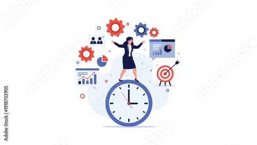 Businesswoman balancing on large clock symbolizing effective time management, productivity, and meeting deadlines in office.
