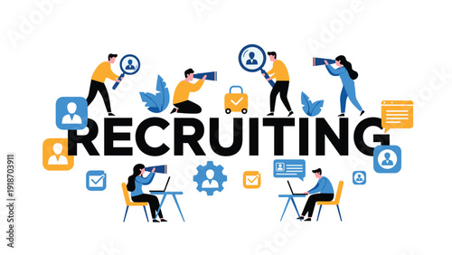 Professional recruiters searching for talented job candidates using magnifying glasses and telescopes for hiring process.