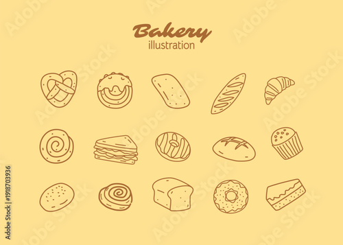 A set of Bakery illustration pattern with cream background, food packaging, menu illustration hand drawn print ads, food business, bakeshop