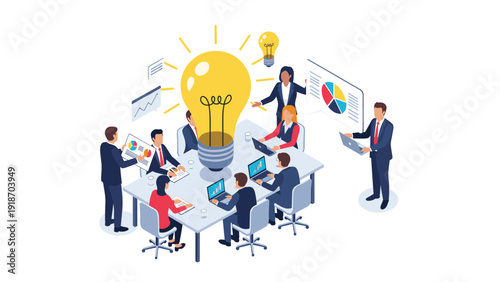 Creative business team brainstorming and sharing innovative ideas around table with large glowing lightbulb for project success.