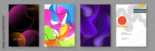 Collection of four artistic posters featuring dark luxury circles wavy organic shapes and 3d liquid textures