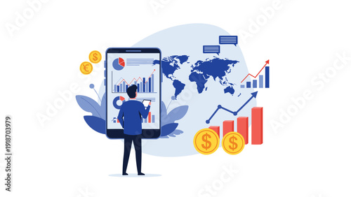Financial analyst monitoring global market trends and international investment data on large smartphone with world map display.