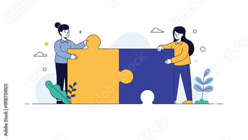 Collaborative team working together to connect giant puzzle pieces symbolizing partnership, cooperation, and business solutions.