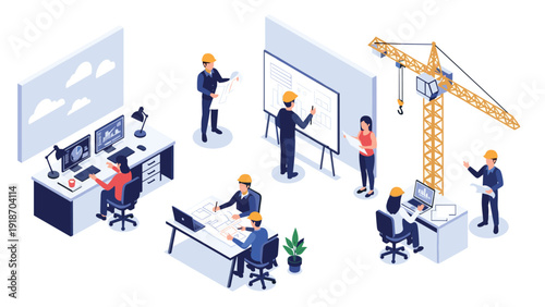 Team of architects and construction engineers planning new building project in office with blueprints and tall yellow crane.